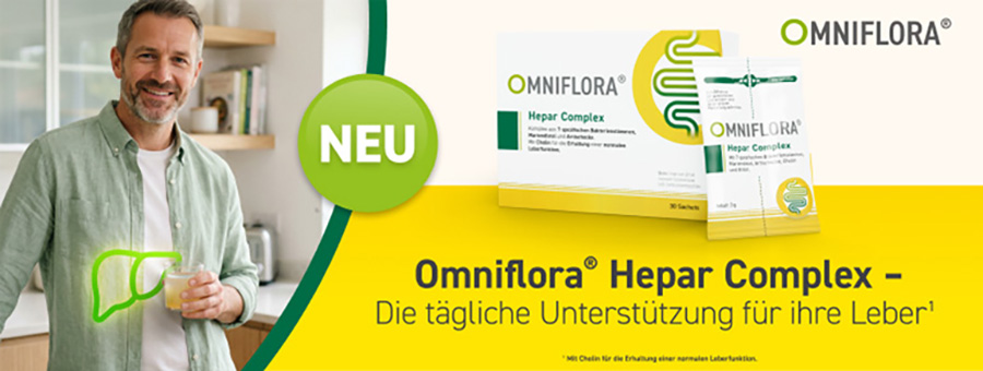 Mann mit Glas, Frau mit Bauch. Text: Omniflora Hepar Complex. Die tägliche Unterstützung für Ihre Leber. Produkt.