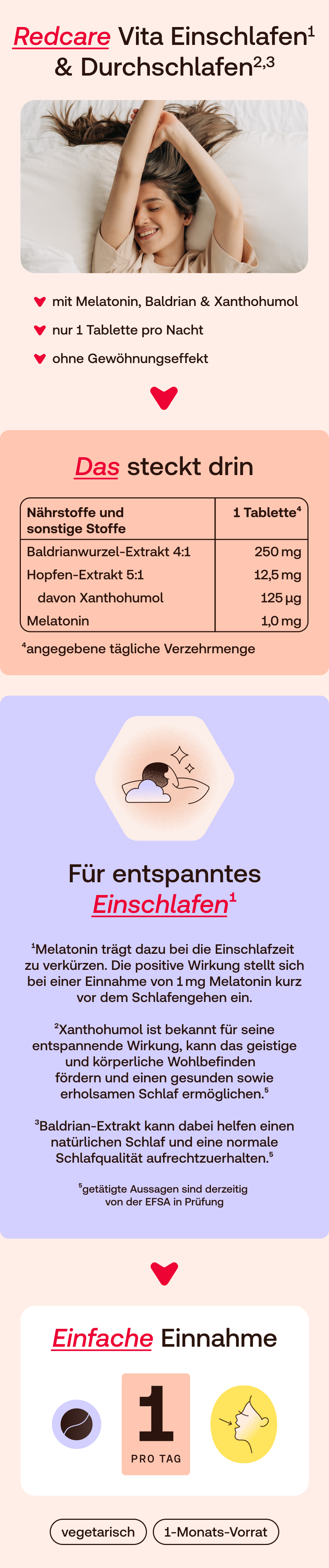 Redcare Vita Einschlafen & Durchschlafen: Frau streckt sich im Bett, Vorteile und Einnahme.