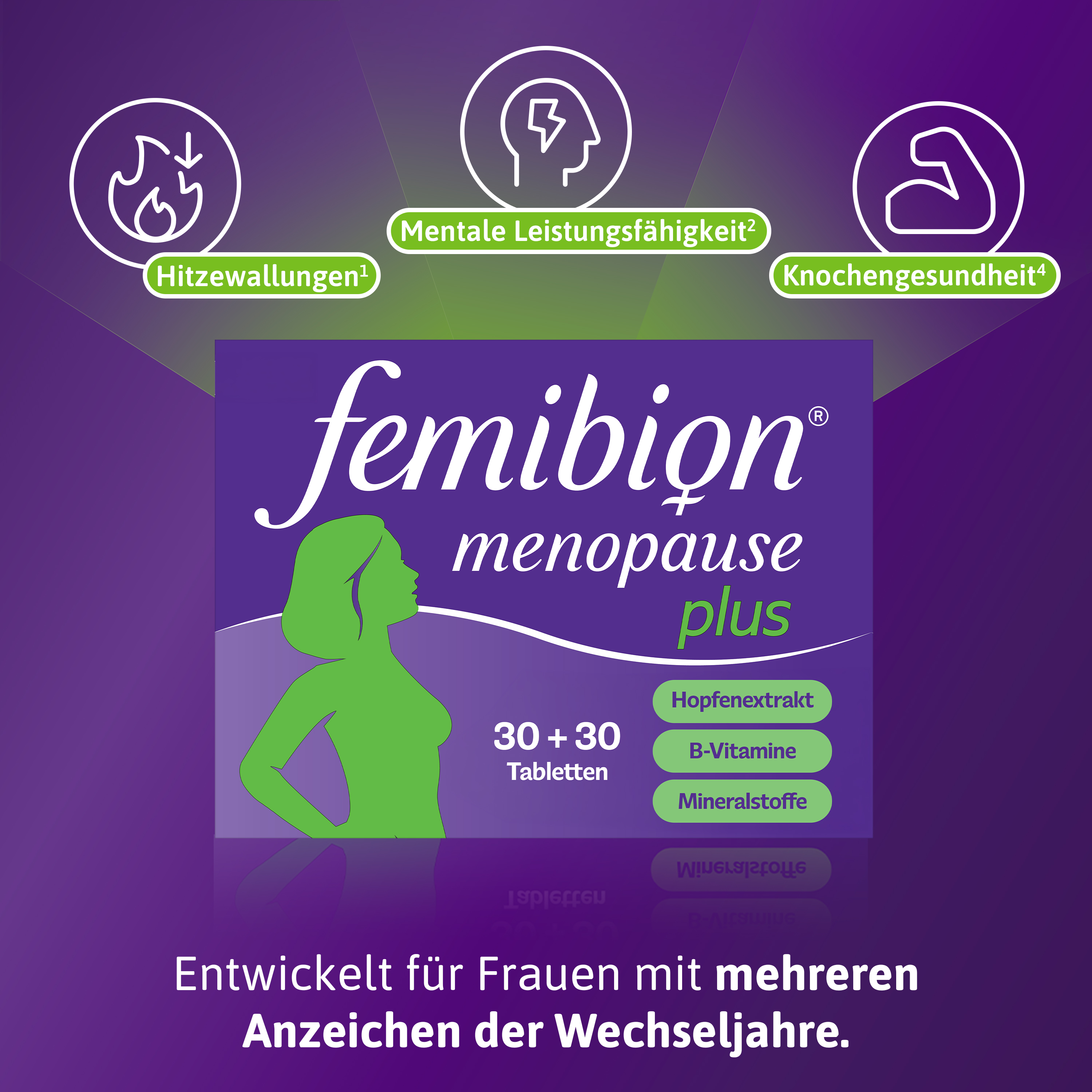 Femibion Menopause Plus Packung mit 30 + 30 Tabletten, hormonfrei.