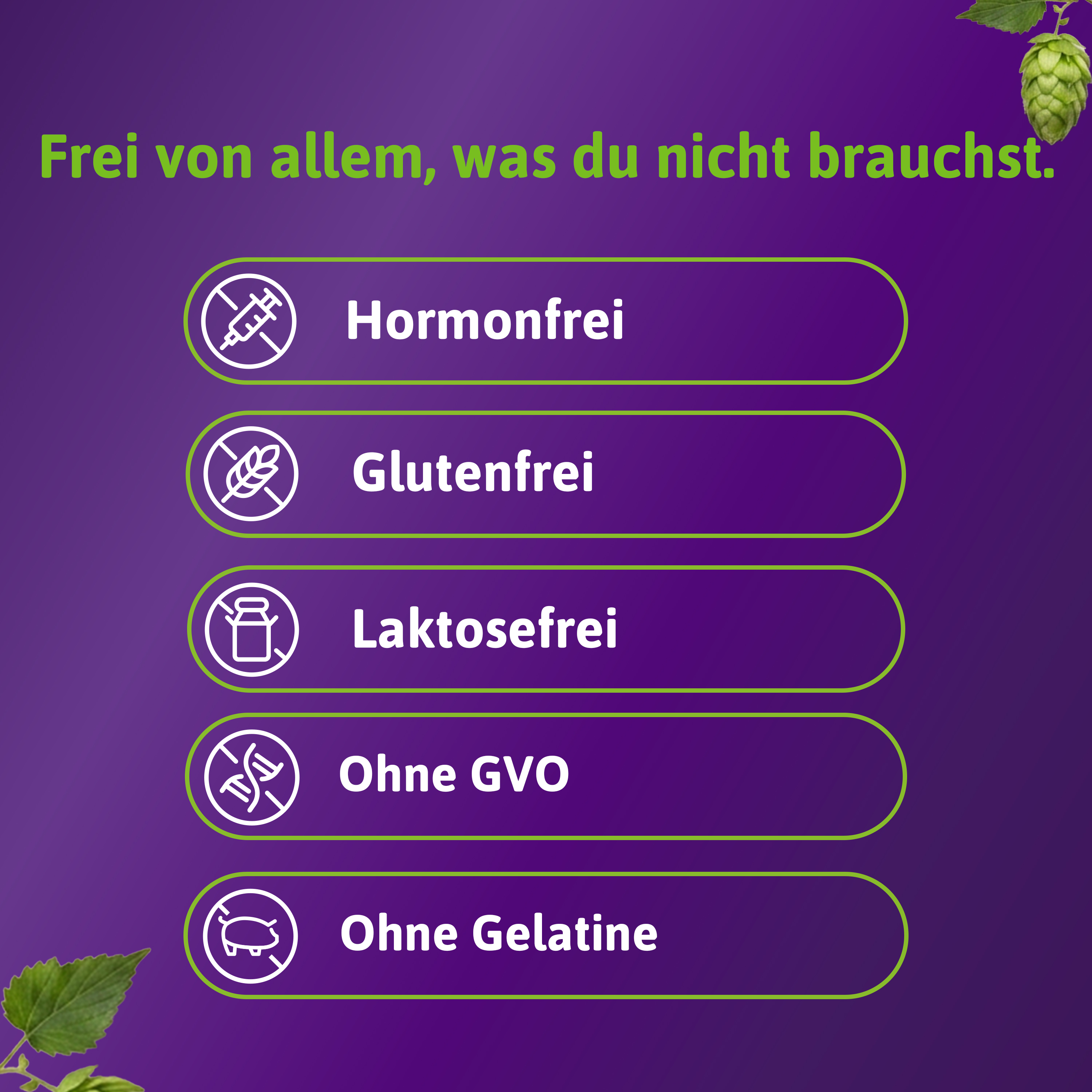 Liste von Vorteilen: Hormonfrei, Glutenfrei, Laktosefrei, Ohne GVO, Ohne Gelatine.
