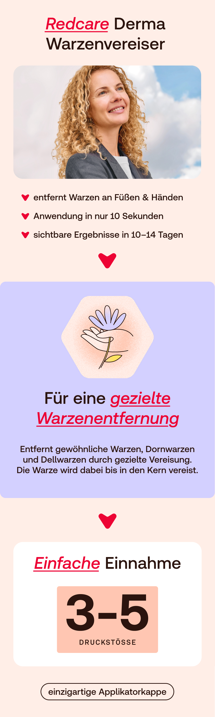 Redcare Derma Warzenvereiser: Frau mit Locken, Produktvorteile und Anwendungshinweise.