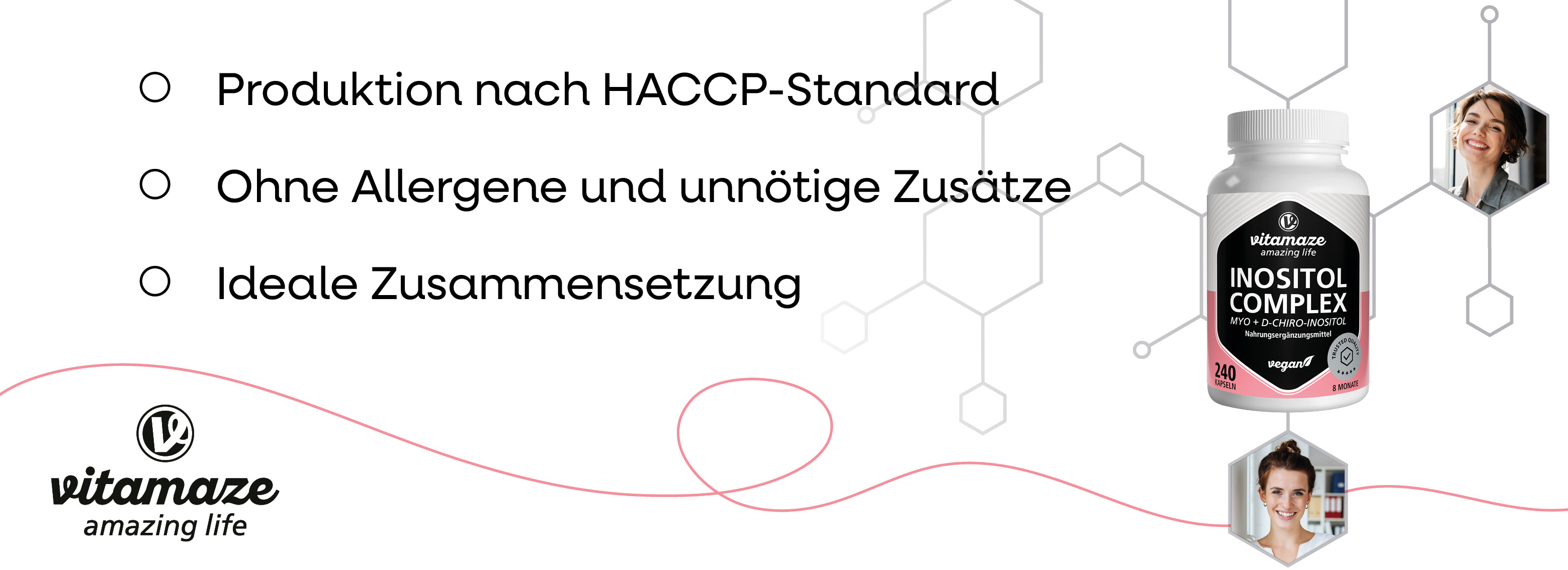 Frau mit Produkt. Text: Versorgung für 80 Tage mit 240 veganen Kapseln. Symbole: ohne Magnesiumstearat, Gentechnik, Allergene.