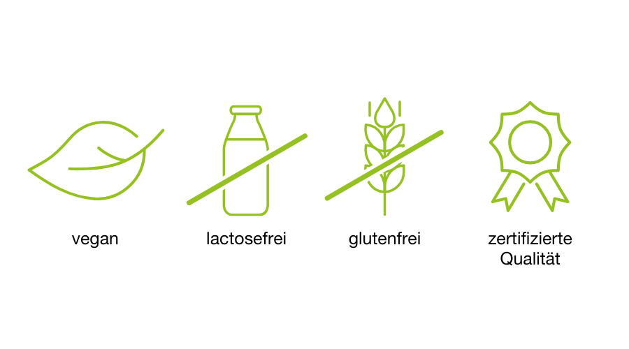 Vegan, laktosefrei, glutenfrei, zertifizierte Qualität. Logos.