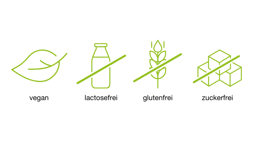 Vegan, laktosefrei, glutenfrei, zuckerfrei. Grüne Symbole auf weißem Hintergrund.