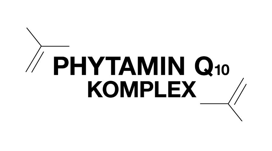 Phytamin Q10 Komplex. Text in Großbuchstaben mit chemischen Strukturen.