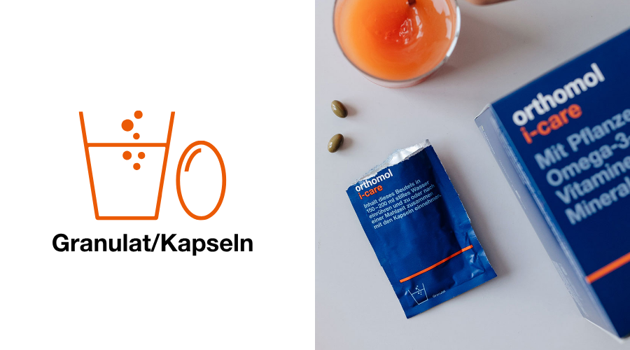 Produktverpackung, Beutel und Kapseln. orthomol i-care Beutel. Illustration: Granulat/Kapseln.