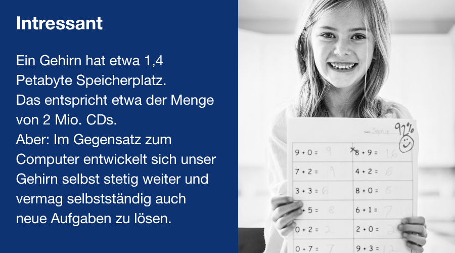 Mädchen mit Matheaufgabe. Text: Ein Gehirn hat etwa 1,4 Petabyte Speicherplatz.
