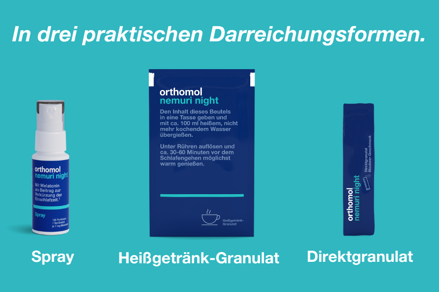 Orthomol Nemuri night Spray und Verpackung. Blaue Verpackung mit weißer Schrift. Sprayflasche daneben.