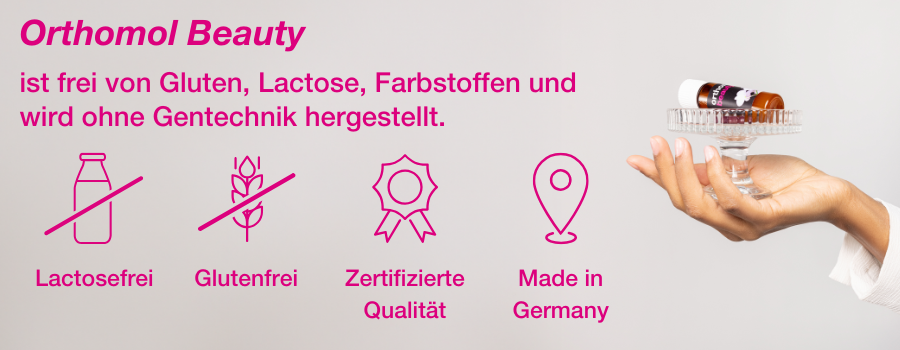 Orthomol Beauty Ampulle und Symbole: laktosefrei, glutenfrei, zertifizierte Qualität.