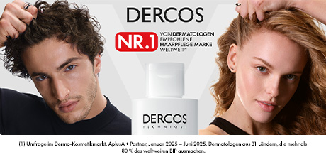 Mann und Frau mit vollem Haar. Text: 'Dercos Nr. 1 von Dermatologen empfohlene Haarpflegemarke'.