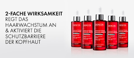 Fünf Flaschen Vichy Dercos Aminexil R.E.G.E.N. Booster. Text: '2-fache Wirksamkeit regt Haarwachstum an'.