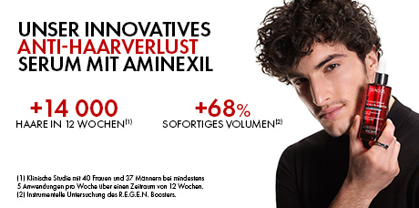 Mann mit Vichy Dercos Aminexil Serum. Text: '+14.000 Haare in 12 Wochen, +68% sofortiges Volumen'.