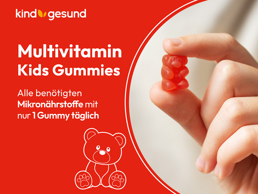 Flasche kindgesund Gummies, Orange und Gummibärchen. Informationen für die gesunde Entwicklung.