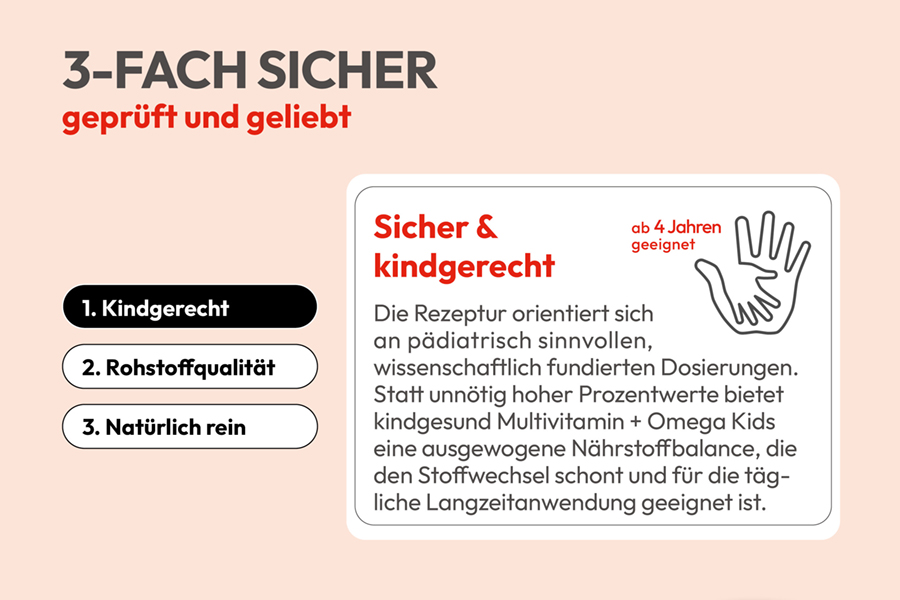 3-fach sicher: kindgerecht, Rohstoffqualität, natürlich rein. Informationen über kindgerechte Rezeptur.