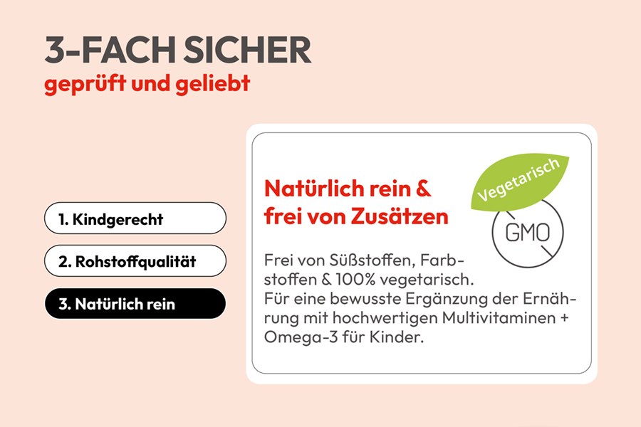 3-fach sicher: kindgerecht, Rohstoffqualität, natürlich rein. Informationen über natürlich reine Inhaltsstoffe.