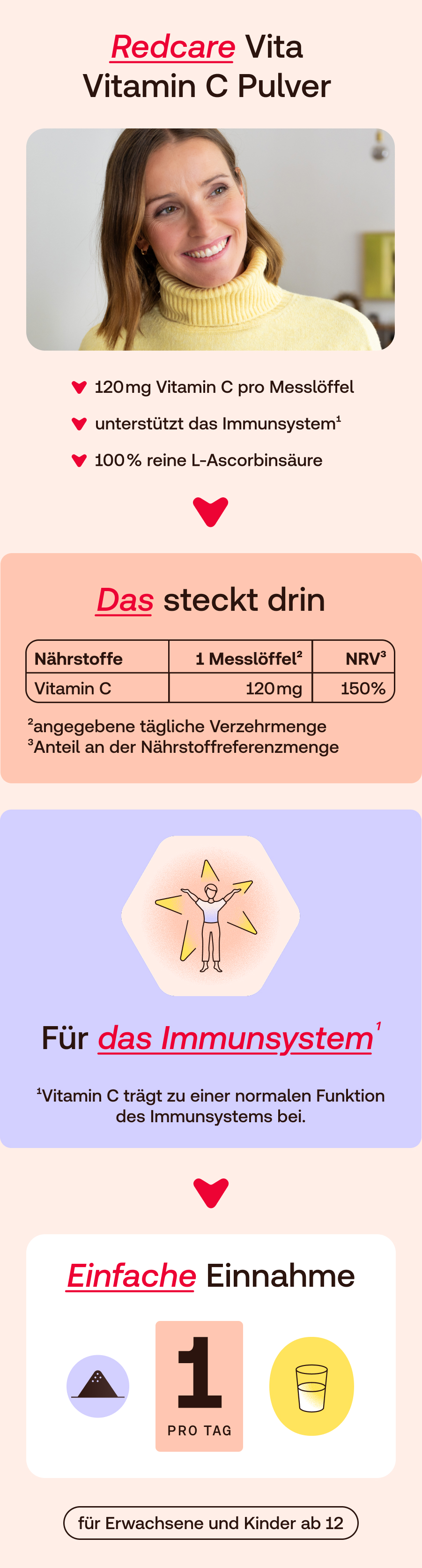 Redcare Vita Vitamin C Pulver: 120mg pro Messlöffel, unterstützt das Immunsystem, 100% reine L-Ascorbinsäure.