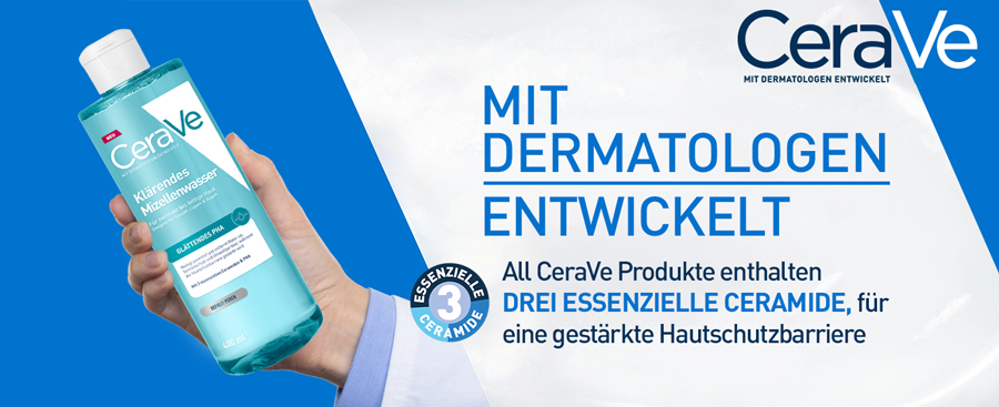 CeraVe Klärendes Mizellenwasser. Flasche mit weißem Deckel. Text: 'Mit Dermatologen entwickelt'.