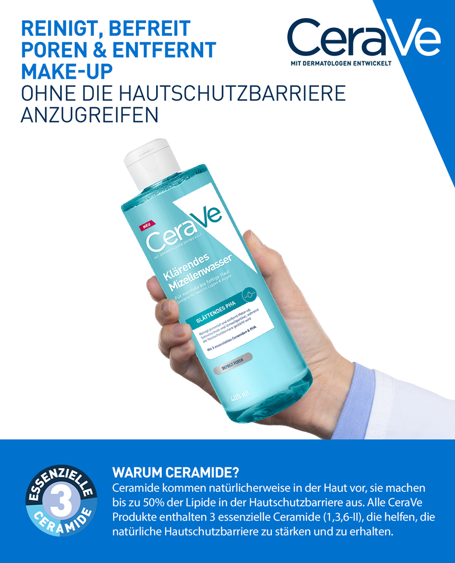 CeraVe Klärendes Mizellenwasser. Text: 'Reinigt, befreit Poren & entfernt Make-up ohne die Hautschutzbarriere anzugreifen'.