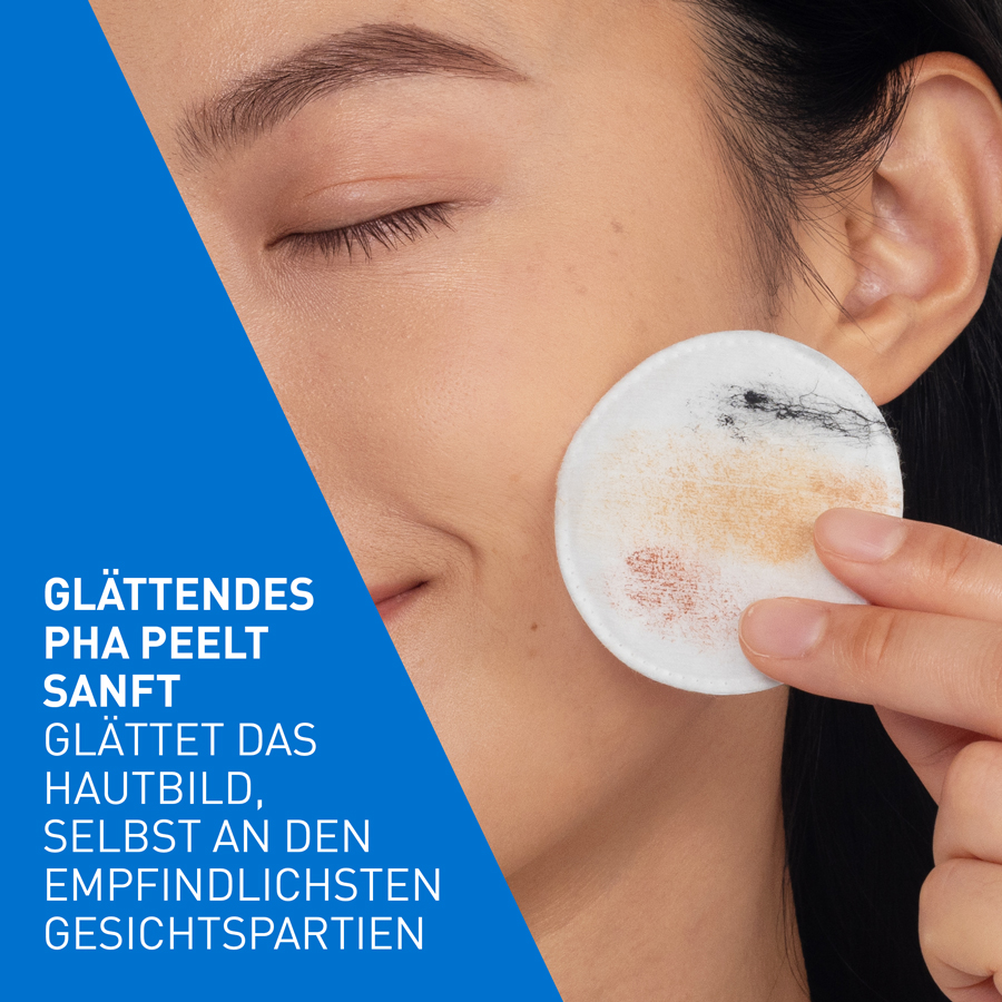 CeraVe Klärendes Mizellenwasser. Text: 'Glättendes PHA peelt sanft, glättet das Hautbild'.