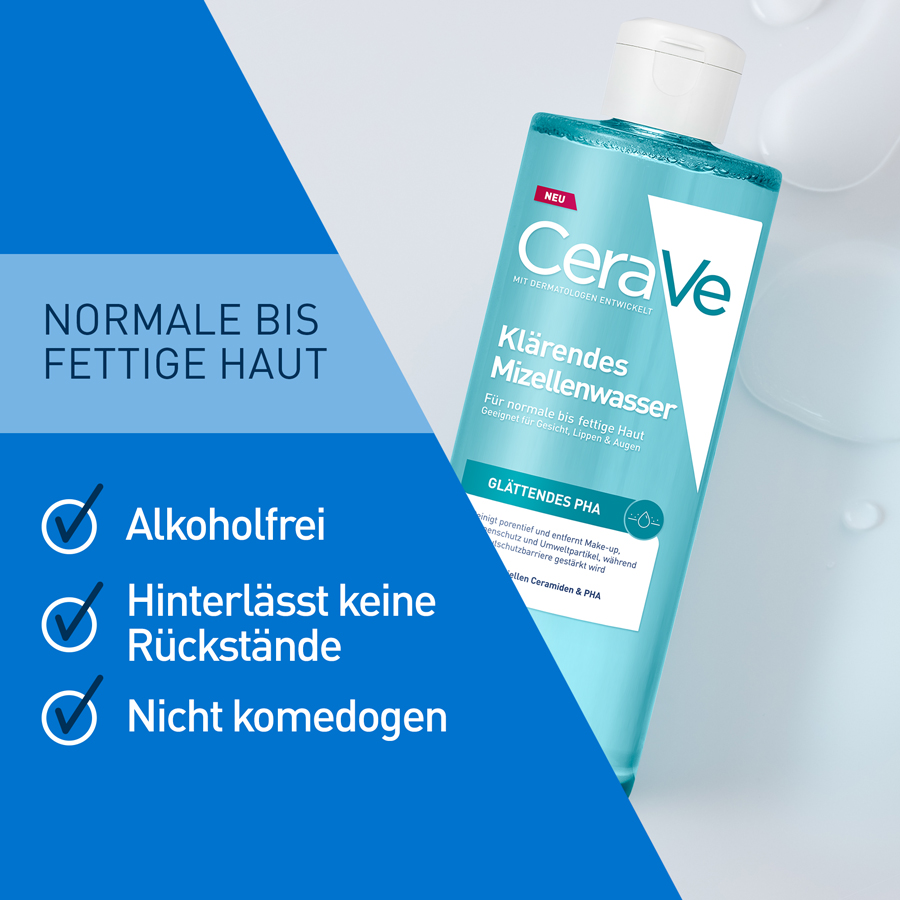 CeraVe Klärendes Mizellenwasser. Text: 'Normale bis fettige Haut. Alkoholfrei. Hinterlässt keine Rückstände. Nicht komedogen'.