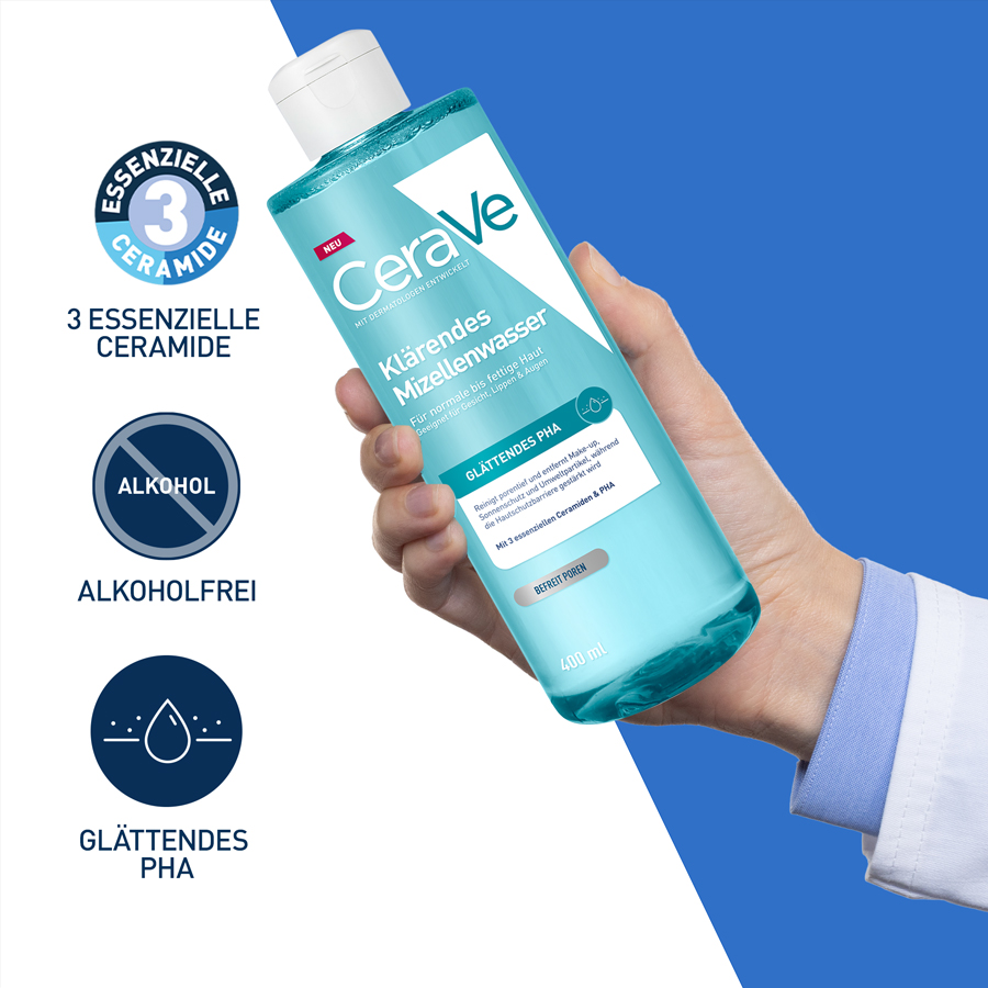 CeraVe Klärendes Mizellenwasser. Flasche mit weißem Deckel. Links: Siegel '3 essentielle Ceramide', 'Alkohol', 'Alkoholfrei', 'Glättendes PHA'.