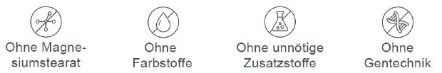 Symbole: Ohne Magnesiumstearat, Farbstoffe, unnötige Zusatzstoffe, Gentechnik.