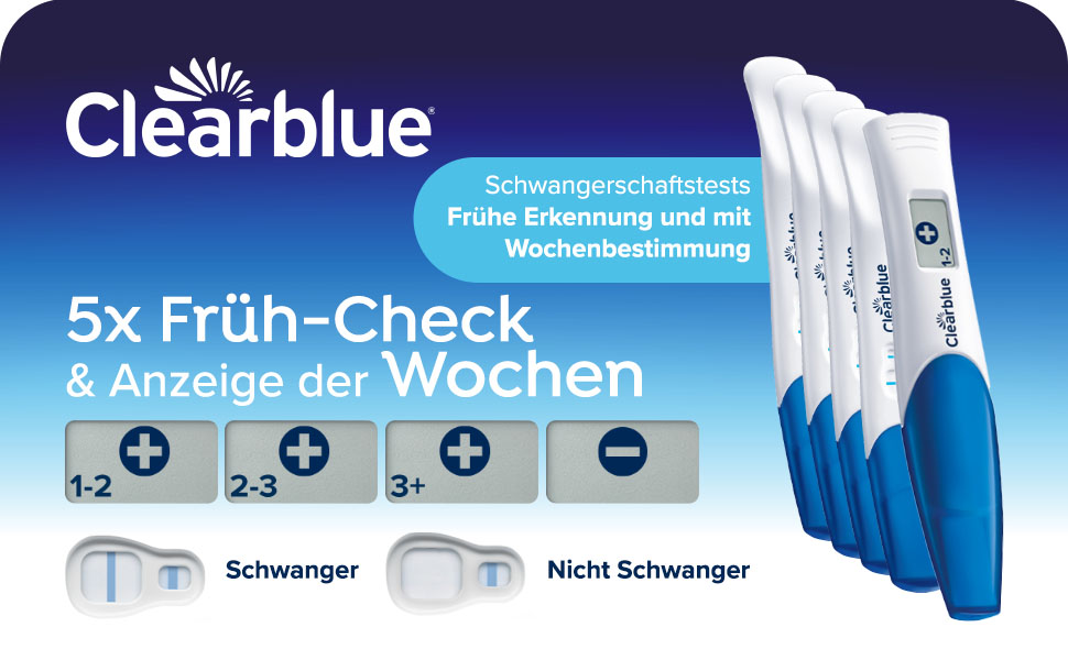 Fünf Clearblue Schwangerschaftstests und eine Packung mit zwei Tests.