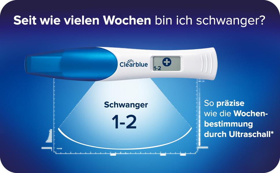 Ein Clearblue Schwangerschaftstest mit digitaler Wochenbestimmung, gehalten in der Hand.