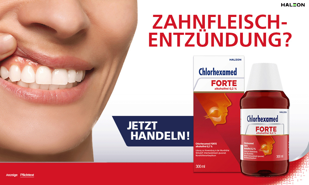 Frau mit entzündetem Zahnfleisch. Chlorhexamed FORTE und Packung. Text: ZAHNFLEISCH-ENTZÜNDUNG? JETZT HANDELN!