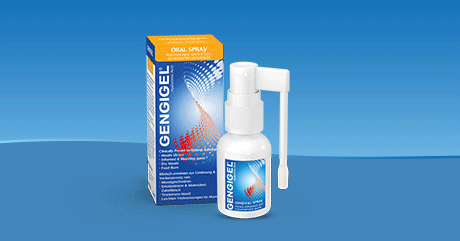 Gengigel Spray und Verpackung. Produktansicht. Blaue und gelbe Verpackung.