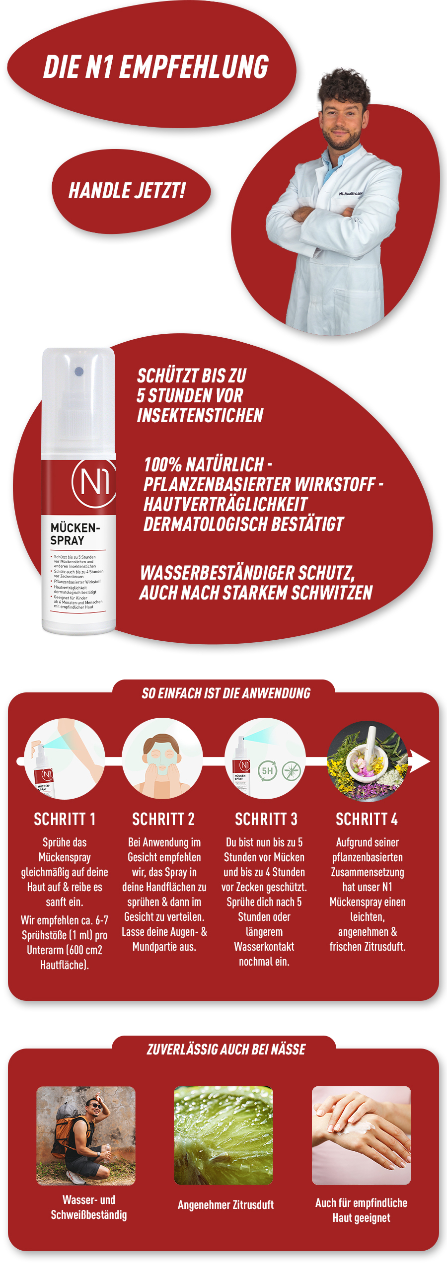 Werbebild mit Produkt und Mann. Text: N1 Empfehlung. Schützt vor Insektenstichen. 100% natürlich.