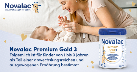 Werbebild: Mutter und Baby mit Novalac Premium Gold 3. Text: Folgemilch für Kinder von 1-3 Jahren.