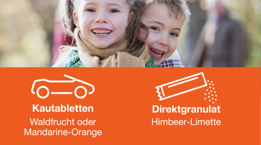 Zwei Kinder, Kautabletten und Direktgranulat.