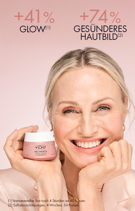Frau hält Creme-Tiegel. Text: +41% Glow, +74% gesünderes Hautbild. Vichy Neovadiol Rose Platinium.