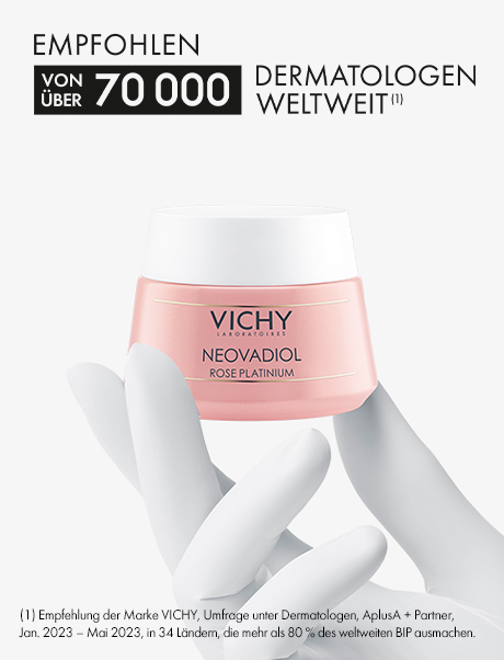 Creme-Tiegel. Text: Empfohlen von über 70.000 Dermatologen weltweit. Vichy Neovadiol Rose Platinium.