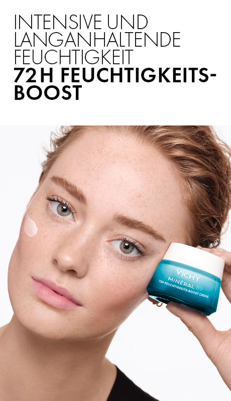 Frau hält Vichy Minéral 89 72H Feuchtigkeits-Boost Creme. Text: Intensive und langanhaltende Feuchtigkeit.