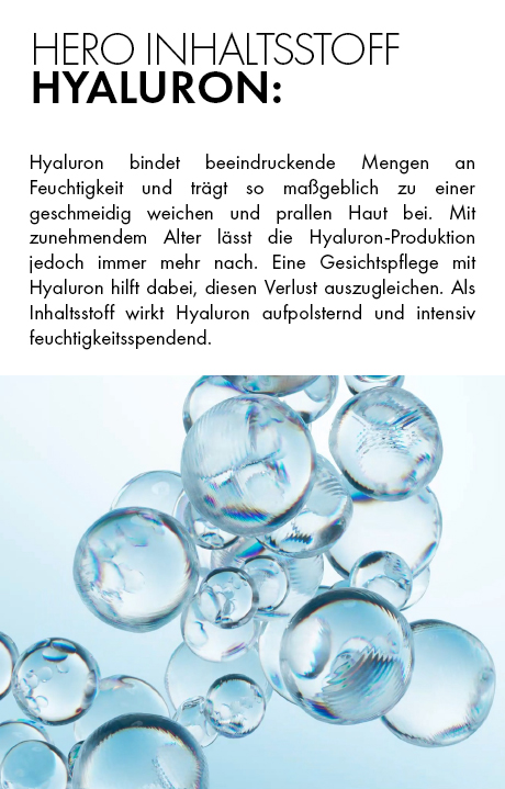 Grafik mit Wassertropfen und Hyaluron-Molekülen. Text: Hyaluron bindet Feuchtigkeit. Vichy Minéral 89.