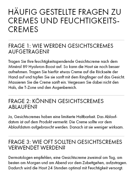 Text: Häufig gestellte Fragen zu Cremes und Feuchtigkeitscremes. Fragen und Antworten.