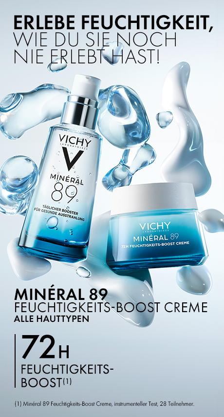Vichy Produkte: Serum und Creme. Text: Erlebe Feuchtigkeit, wie du sie noch nie erlebt hast!