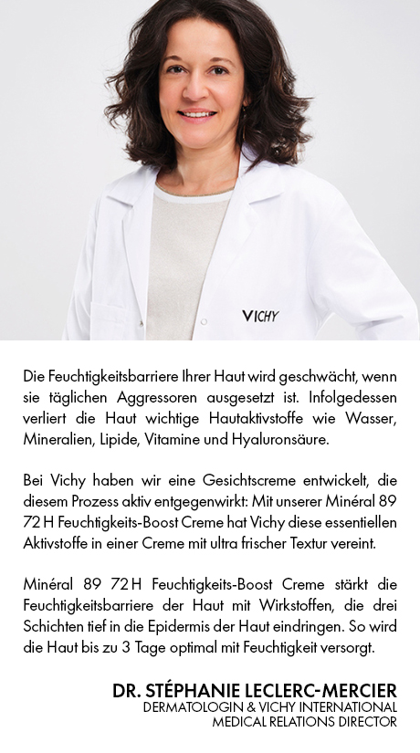 Frau im weißen Kittel. Text: Die Feuchtigkeitsbarriere wird geschwächt. Dr. Stéphanie Leclerc-Mercier.