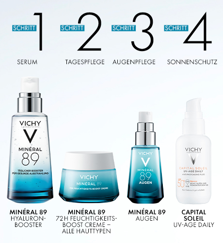Vier Produkte: Serum, Tagespflege, Augenpflege, Sonnenschutz. Vichy Produkte.