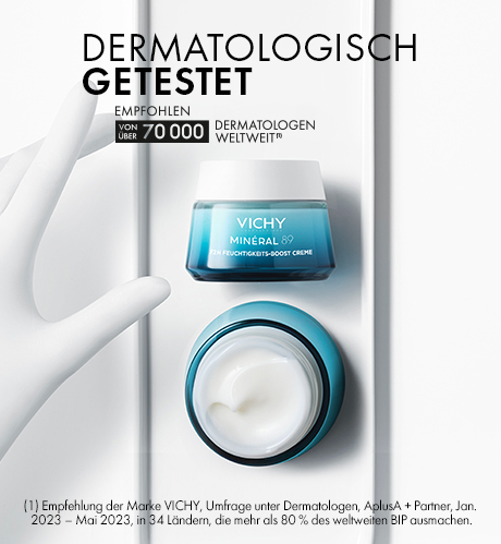 Vichy Minéral 89 72H Feuchtigkeits-Boost Creme. Dose und offene Dose. Text: Dermatologisch getestet. Empfohlen von über 70.000 Dermatologen.