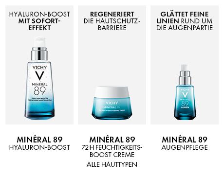 Drei Produkte: Hyaluron-Booster, 72H Feuchtigkeits-Boost Creme, Augenpflege. Vichy Produkte.
