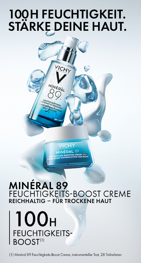 Produkte: Vichy Minéral 89 Hyaluron-Booster und 100H Feuchtigkeits-Boost Creme. Text: 100H Feuchtigkeit.