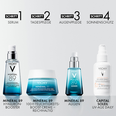 Vier Produkte: Serum, Tagespflege, Augenpflege, Sonnenschutz. Vichy Minéral 89.