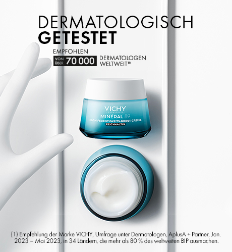 Zwei Tiegel. Text: Dermatologisch getest. Empfohlen von über 70.000 Dermatologen weltweit. Vichy.