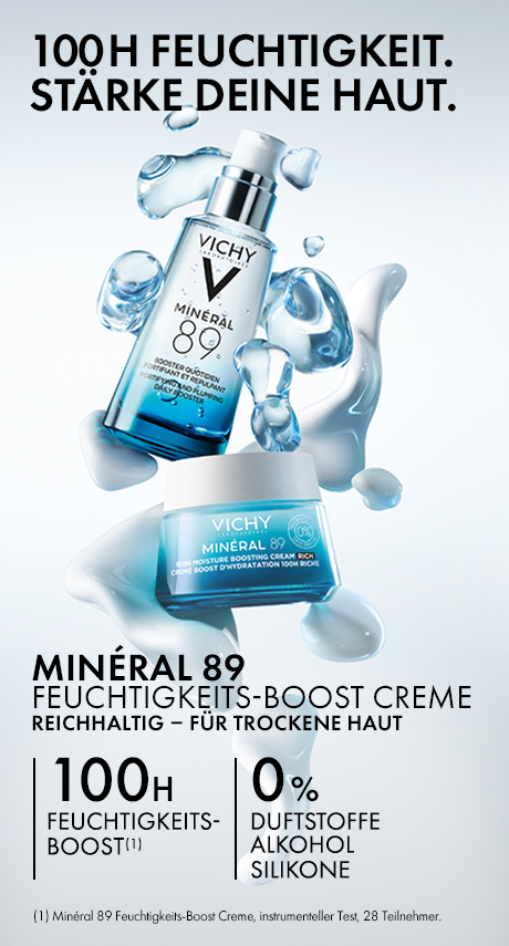 Vichy Produkte. Text: 100H Feuchtigkeit. Stärke deine Haut.