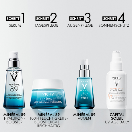 Vier Produkte: Serum, Tagespflege, Augenpflege, Sonnenschutz. Vichy Mineral 89 Hyaluron-Booster, Creme, Augen, Sonnencreme.