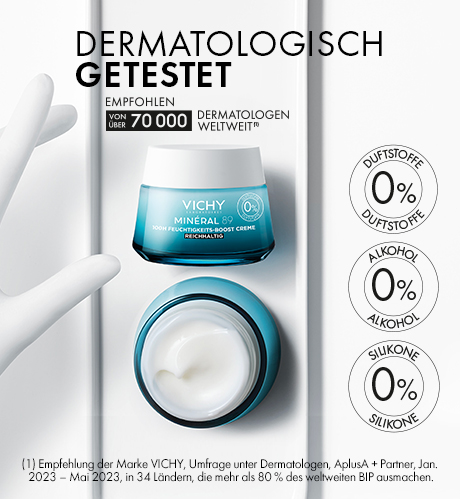 Creme-Tiegel Vichy Mineral 89. Text: Dermatologisch getestet, 0% Duftstoffe, Alkohol, Silikone. Empfohlen von über 70.000 Dermatologen.