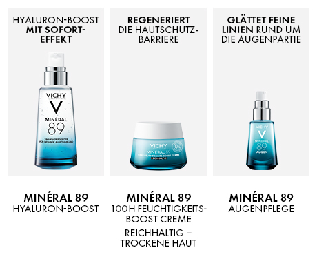 Drei Produkte: Mineral 89 Hyaluron-Booster, Creme, Augenpflege. Text: Sofort-Effekt, regeneriert, glättet feine Linien. Trockene Haut.